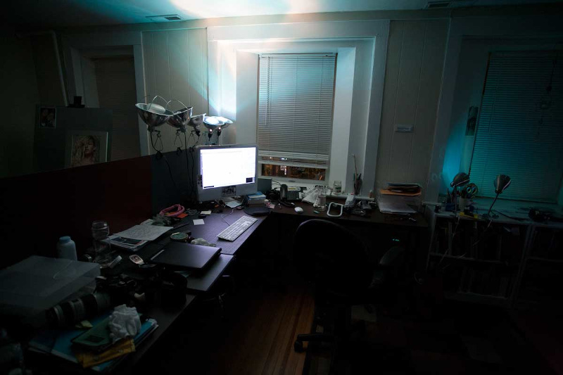 Photo of the inside of Erib's Blue Studio office at night